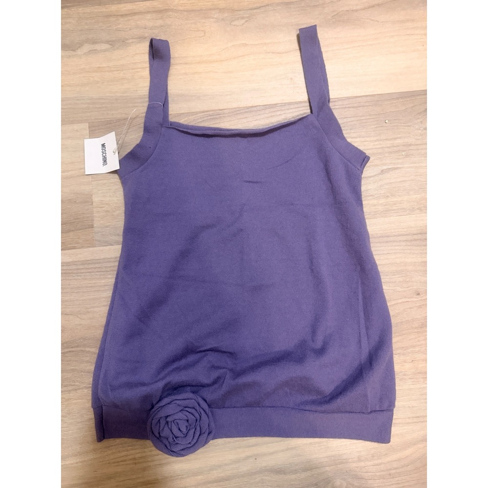 Moschino Purple Virgin Wool Knit Tank Top Rosette Floral Applique Size 8 NEW